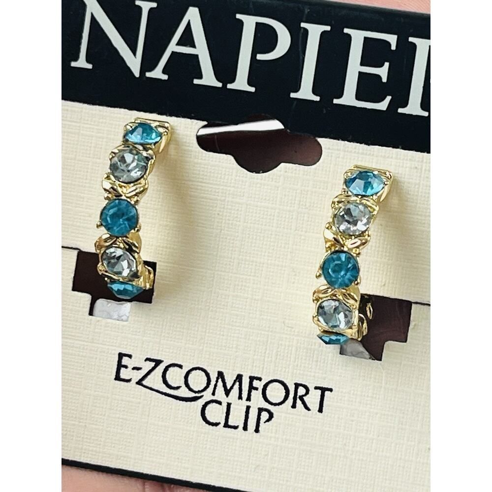 NWT NAPIER Gold Tone Blue Colored Crystals Hoop Clip on Earrings Aqua Rhinestone